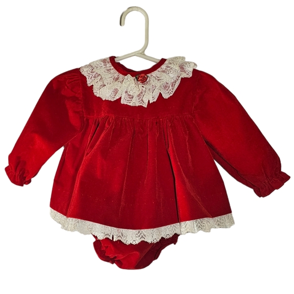 Jo Lene Other - Vintage Jo Lene Red Velour Dress with Lace Trim - 12 Month - Long Sleeve
